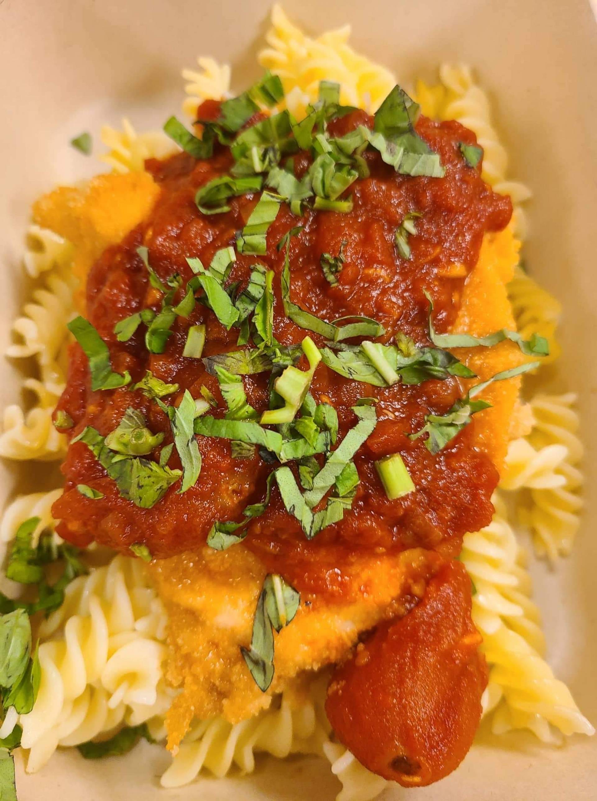 Chicken ‘Parm’ with pasta Chicken ‘Parm’ with pasta