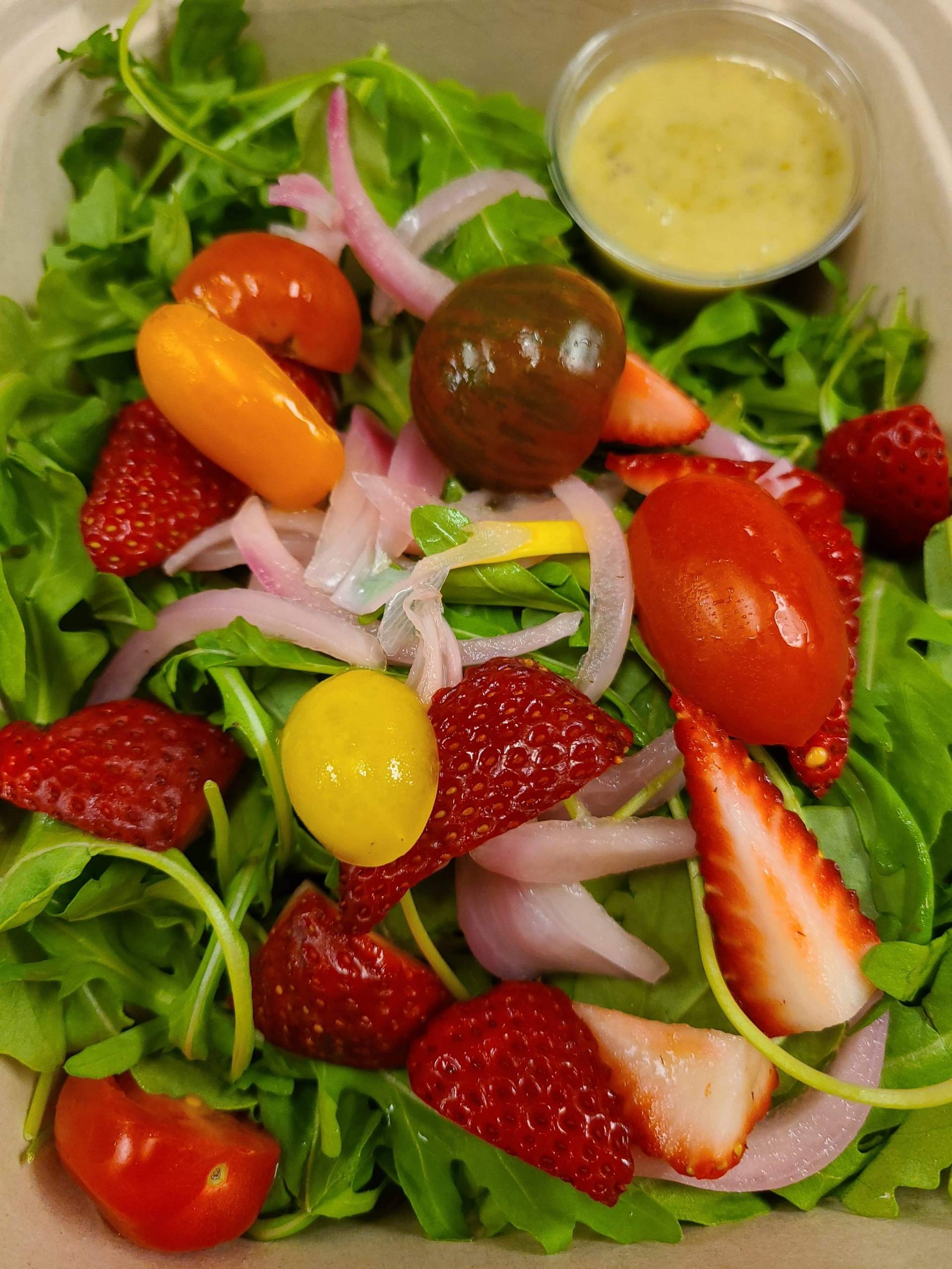 Local Strawberry & Arugula Salad-Salmon Burger