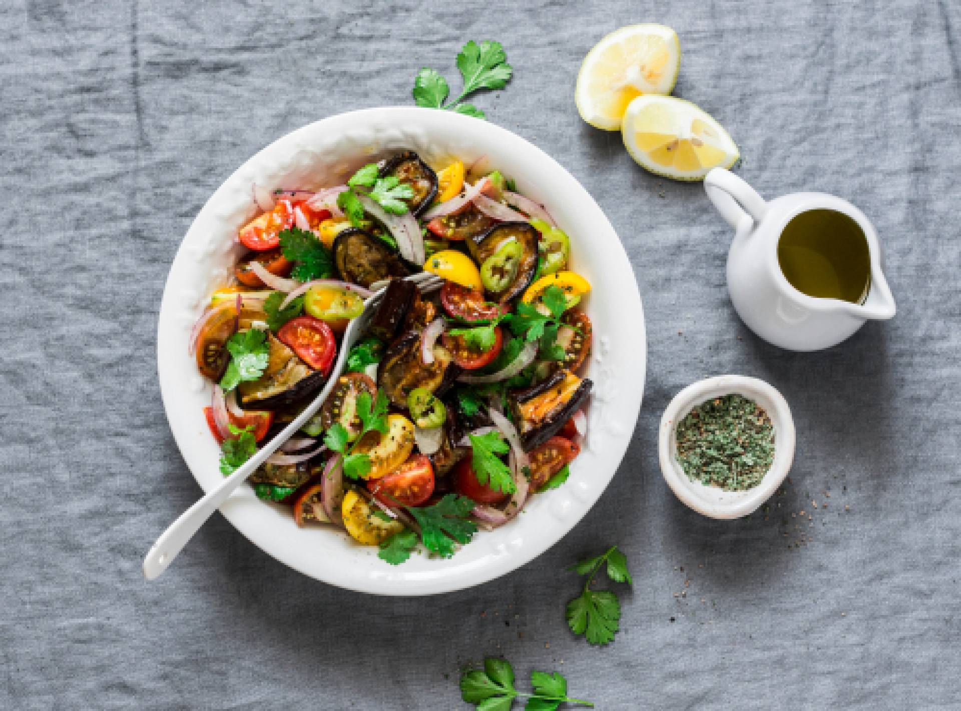 Marinated Eggplant Salad-salmon burger Marinated Eggplant Salad-salmon burger